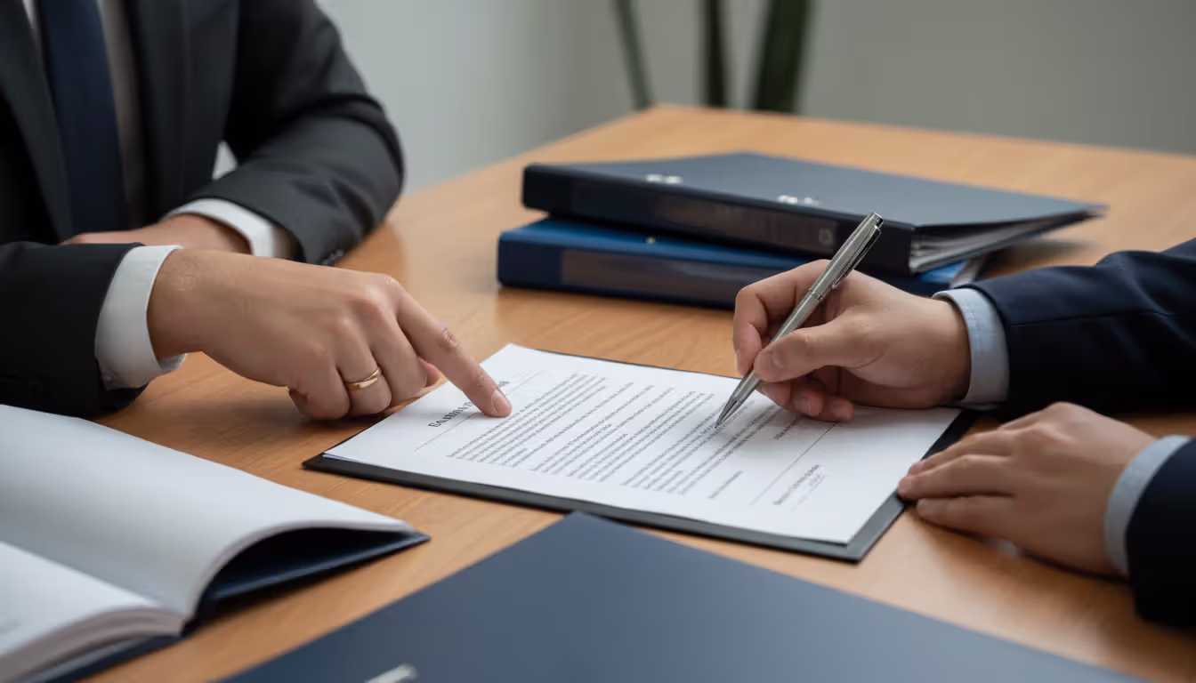 Couple consulting with a female attorney in a professional office discussing legal documents