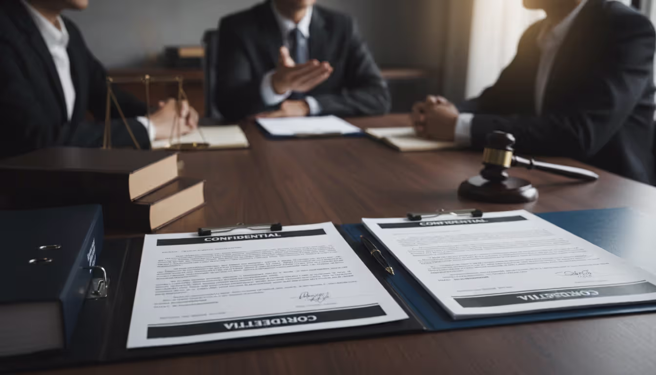 Middle-aged woman carefully reviewing financial documents at a home desk with a laptop and coffee cup in natural daylight