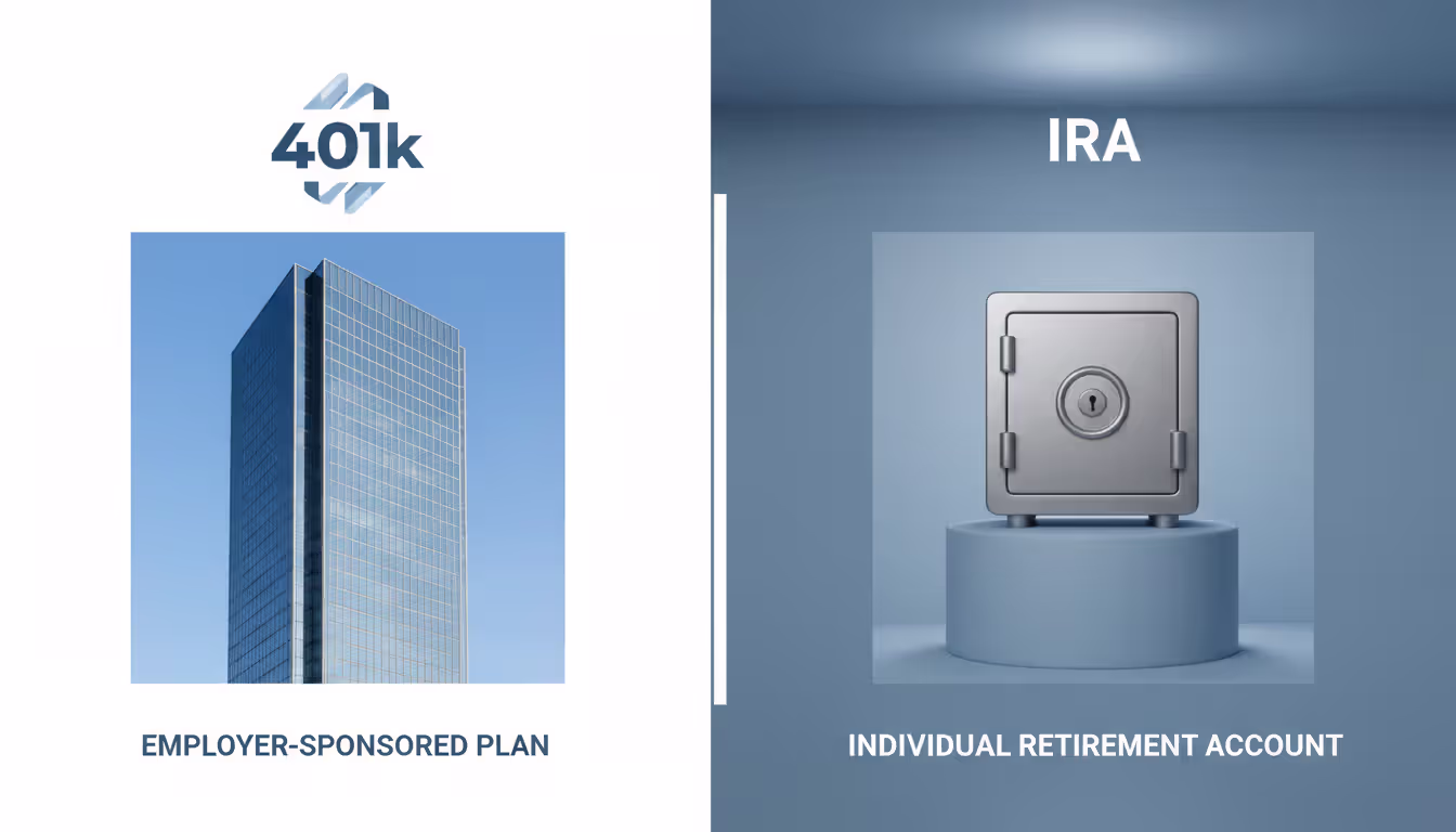 Visual comparison of employer-sponsored retirement plan represented by corporate office building and individual IRA represented by personal bank vault separated by a dividing line