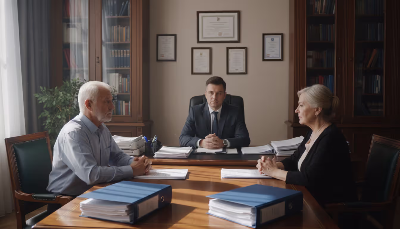 Older couple sitting on opposite sides of a desk facing a legal advisor in a professional law office with documents on the table