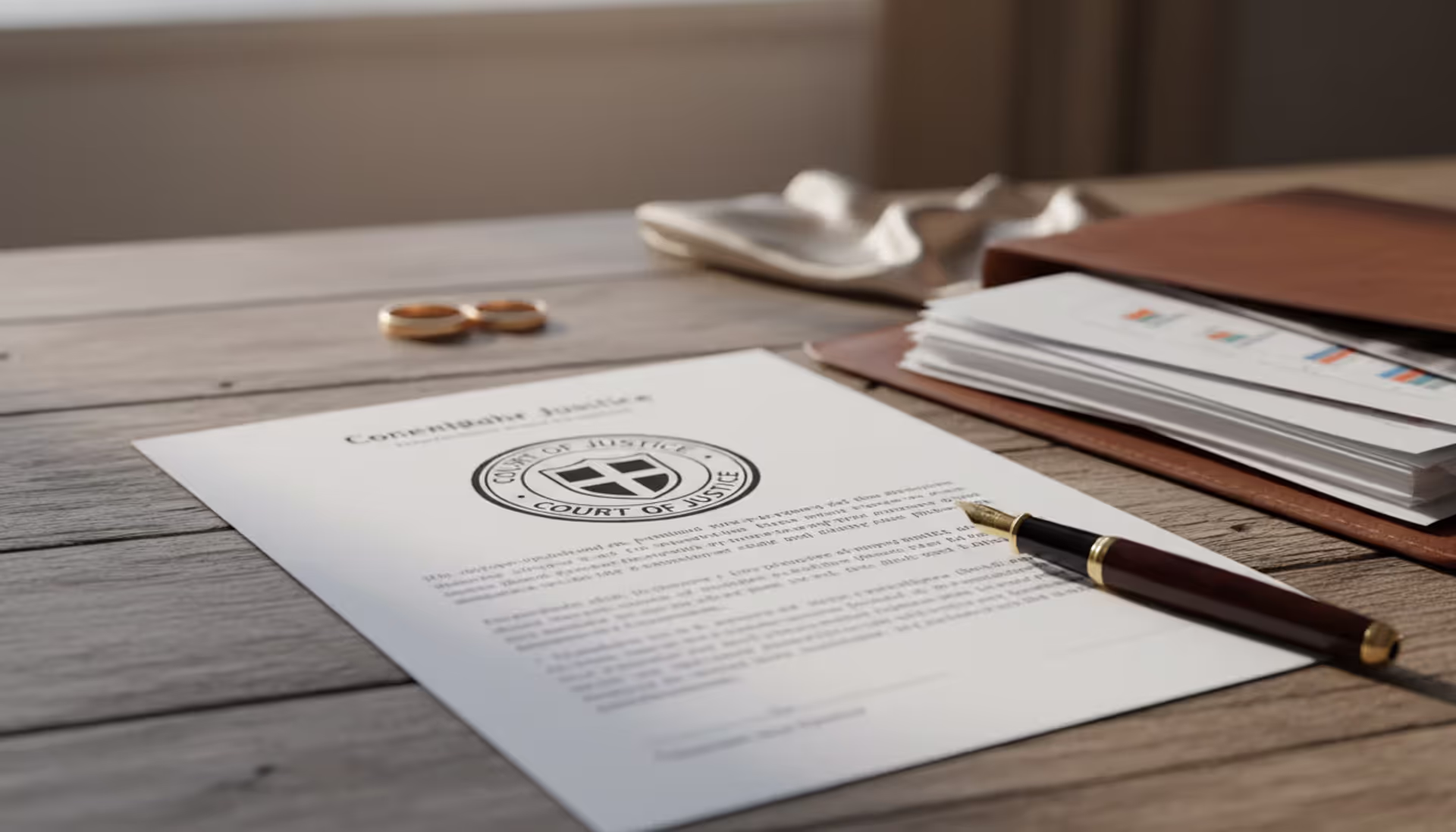 Court-stamped legal document on wooden desk with pen and separated wedding rings in the background