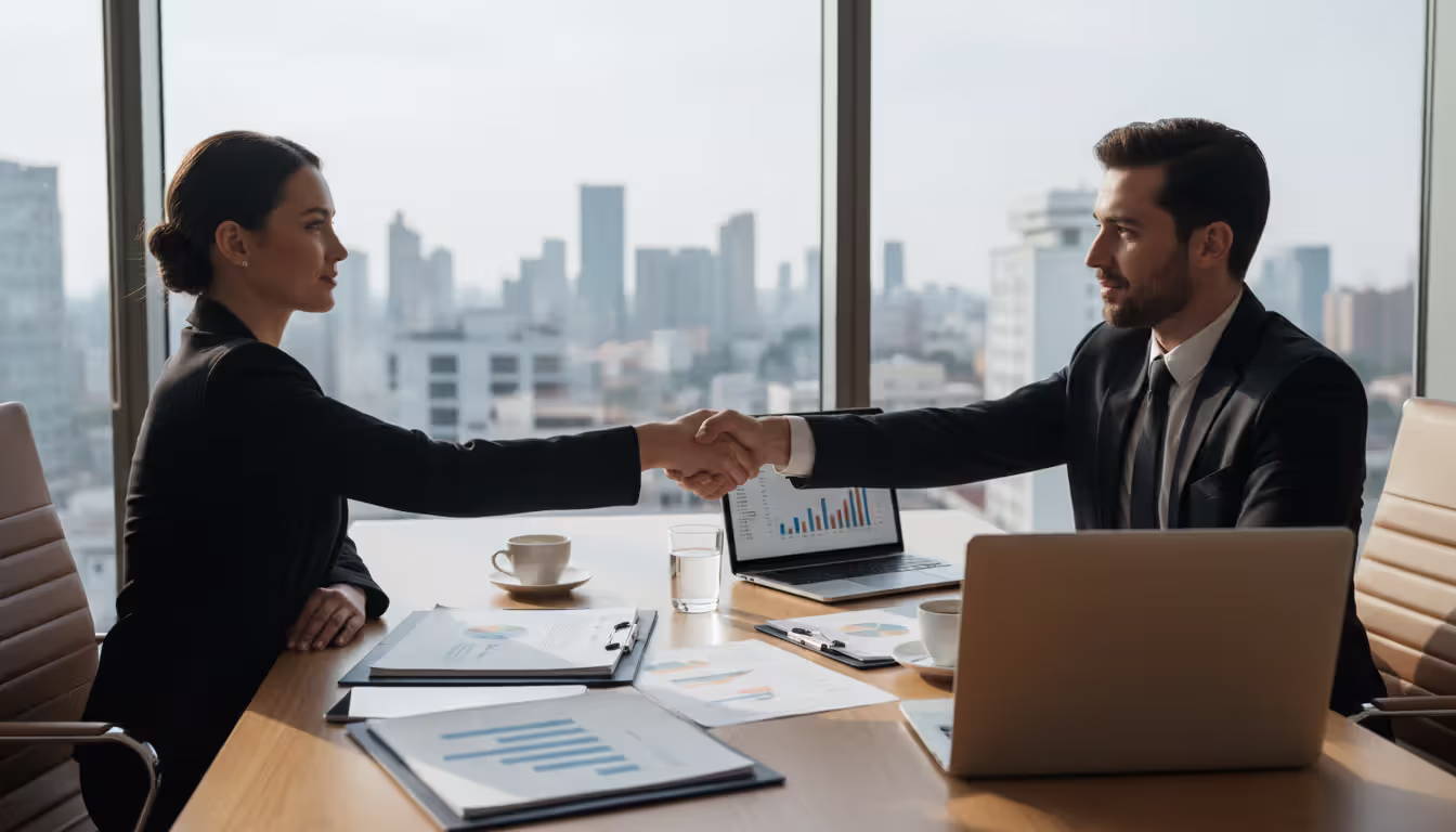 Two people shaking hands across a table with documents in a modern office, professional business partnership setting