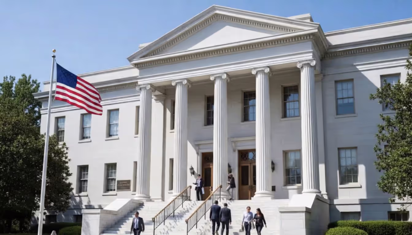 Front view of an American county courthouse building with columns and steps on a clear day
