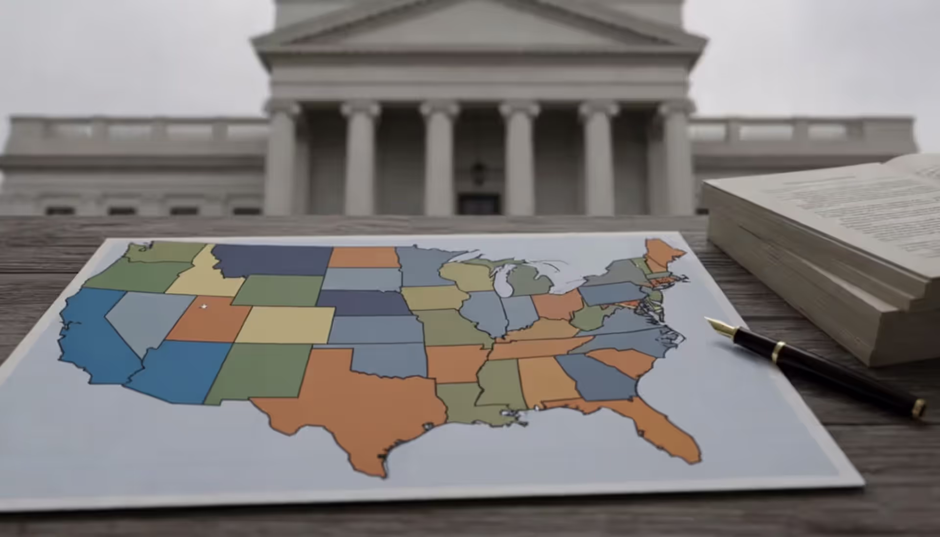 Aerial view of a colorful map of the United States with a courthouse facade in the background and legal documents nearby