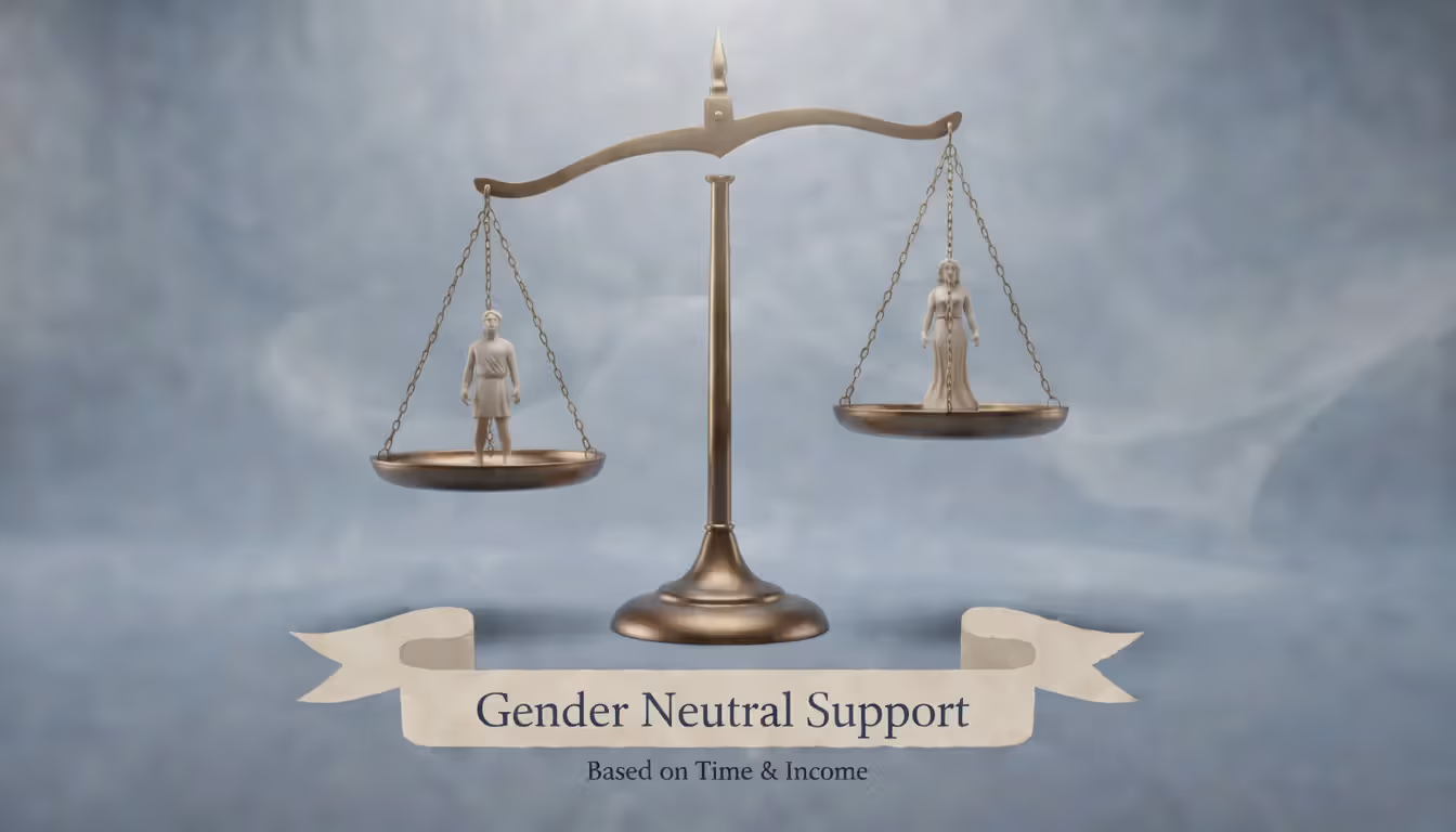 Scales of justice with a male figure on one side and a female figure on the other, slightly tilted, symbolizing gender-neutral determination of child support obligations