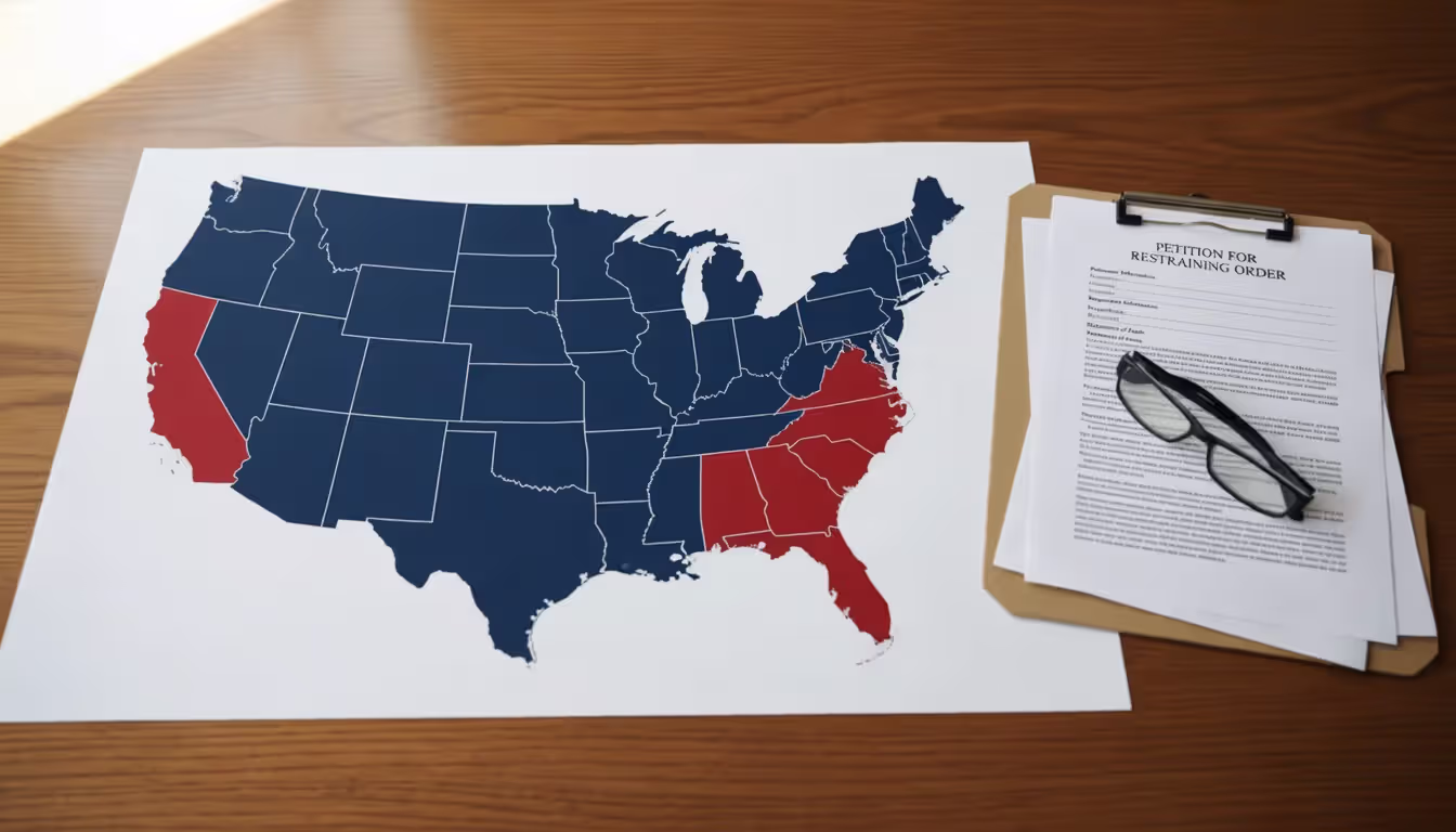 Top view of a color-coded map of the United States showing fault-based and no-fault divorce states lying on a wooden office desk next to an open document folder