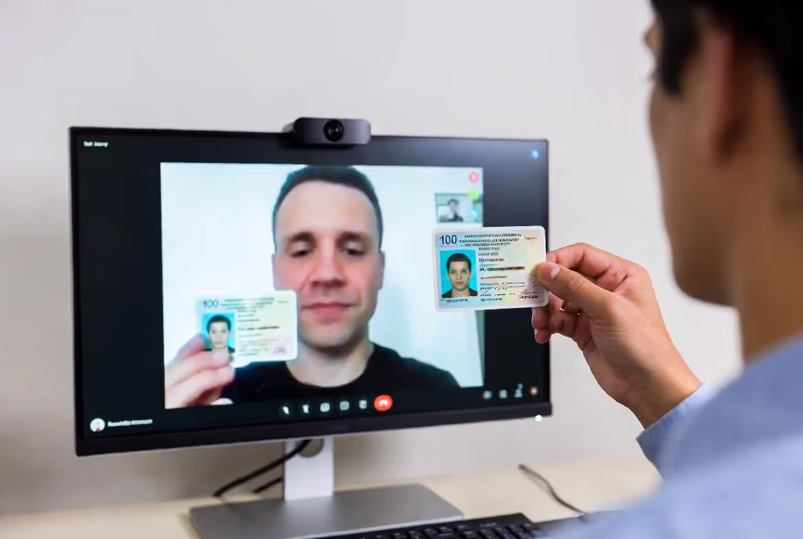 Person holding a government ID up to a webcam during a remote online notarization video session on a computer screen