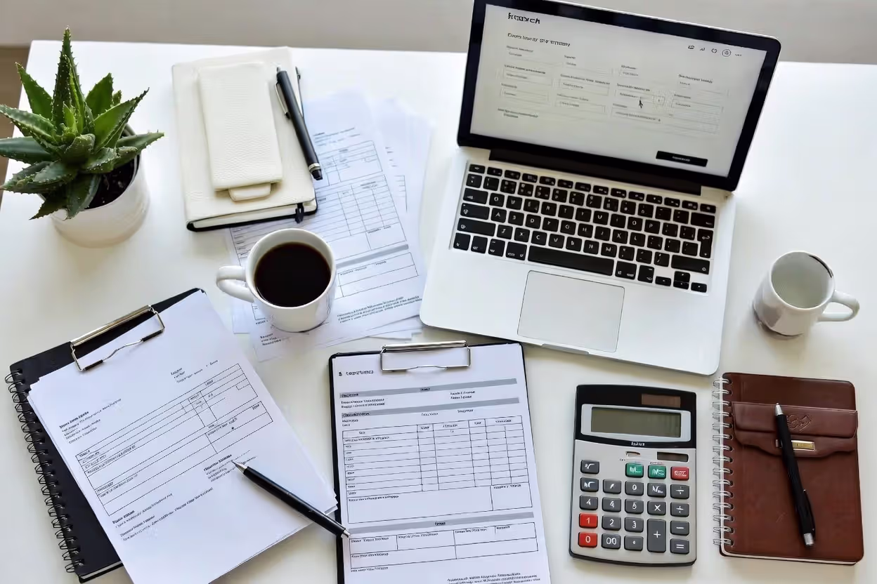 Organized desk with financial documents including bank statements and property records next to an open laptop showing an online form