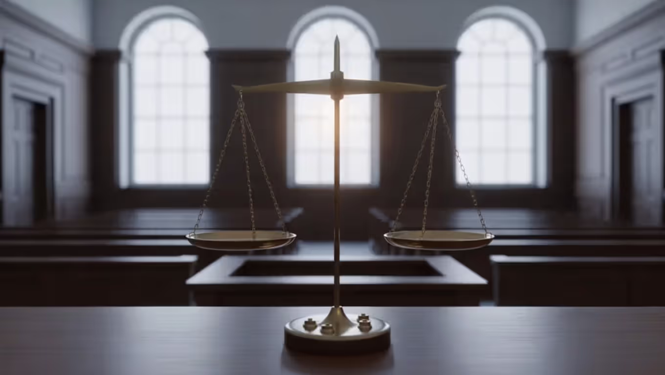 Scales of justice on a wooden desk in a courtroom, symbolizing fair legal protection and balance of rights